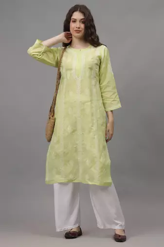 Pista green terivoil cotton lucknowi chikankari kurta