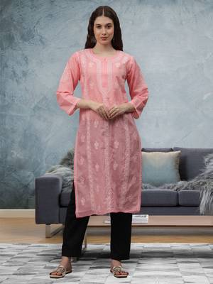 Peach terivoil cotton lucknowi chikankari kurta 1