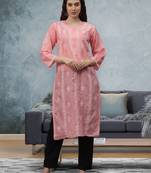 Peach terivoil cotton lucknowi chikankari kurta