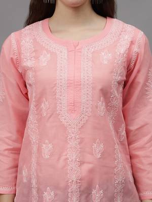 Peach terivoil cotton lucknowi chikankari kurta 2