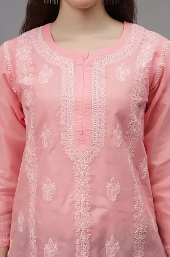 Peach terivoil cotton lucknowi chikankari kurta