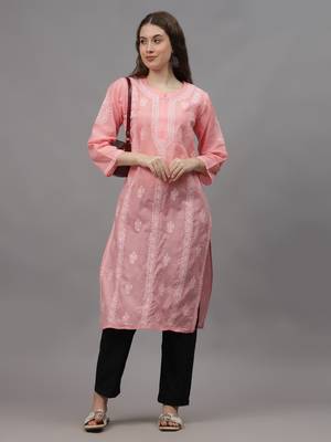 Peach terivoil cotton lucknowi chikankari kurta 4