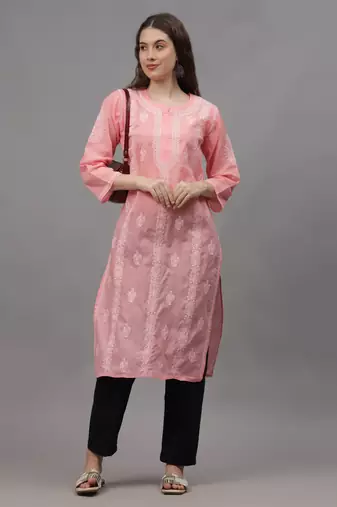Peach terivoil cotton lucknowi chikankari kurta