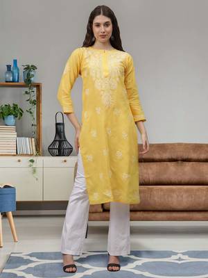 Yellow cotton lucknowi chikankari kurta 1