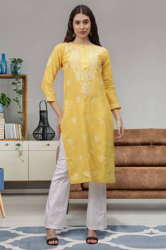 Yellow cotton lucknowi chikankari kurta