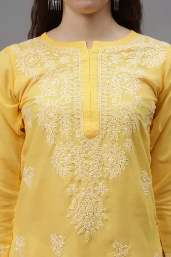 Yellow cotton lucknowi chikankari kurta