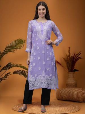 Mauve georgette lucknowi chikankari kurta with slip 1
