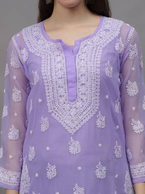 Mauve georgette lucknowi chikankari kurta with slip 2