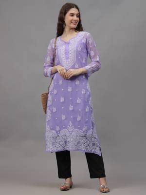 Mauve georgette lucknowi chikankari kurta with slip 4