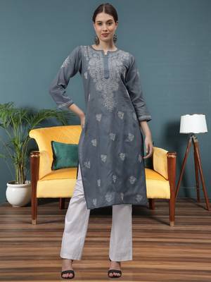 Grey cotton lucknowi chikankari kurta 1