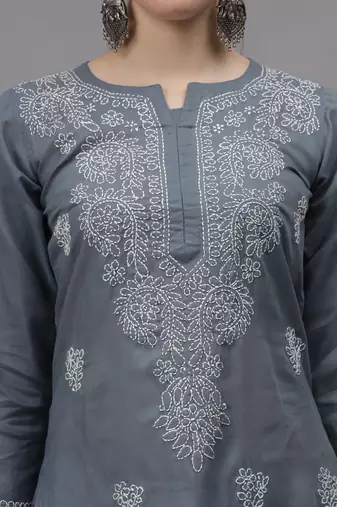 Grey cotton lucknowi chikankari kurta