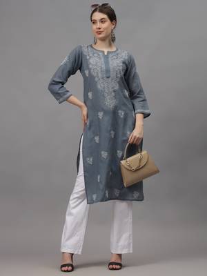 Grey cotton lucknowi chikankari kurta 4