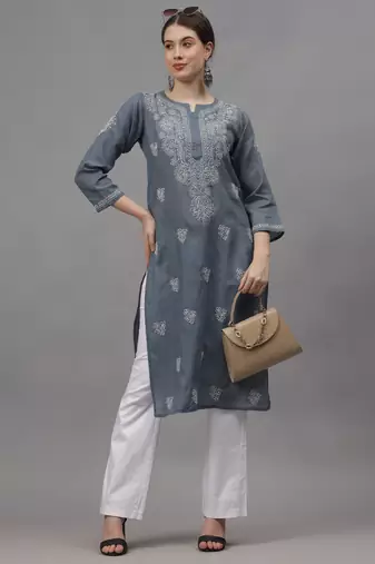 Grey cotton lucknowi chikankari kurta