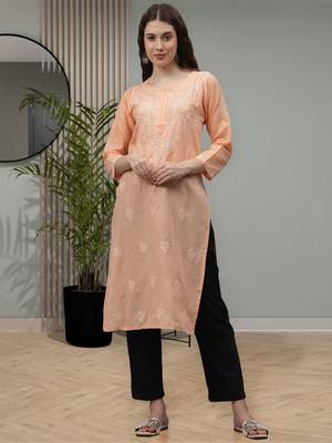 Apricot peach cotton lucknowi chikankari kurta 1