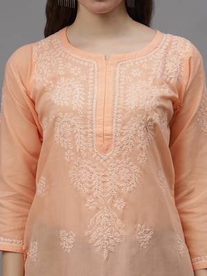 Apricot peach cotton lucknowi chikankari kurta 2