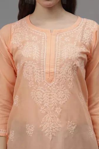 Apricot peach cotton lucknowi chikankari kurta