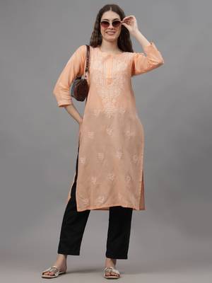 Apricot peach cotton lucknowi chikankari kurta 4
