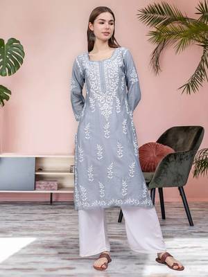 Grey chanderi lucknowi chikankari kurta 1
