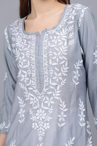Grey chanderi lucknowi chikankari kurta