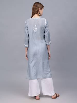Grey chanderi lucknowi chikankari kurta 3