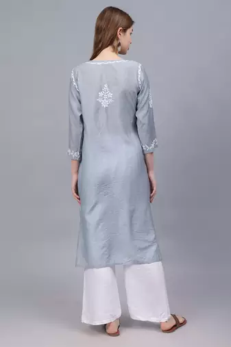 Grey chanderi lucknowi chikankari kurta