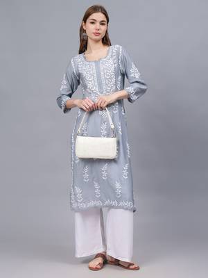 Grey chanderi lucknowi chikankari kurta 4