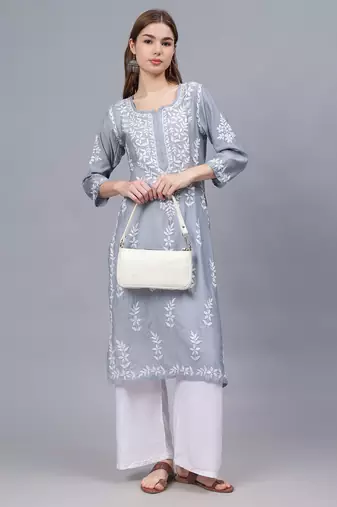 Grey chanderi lucknowi chikankari kurta