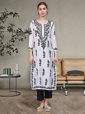 White chanderi lucknowi chikankari kurta 1