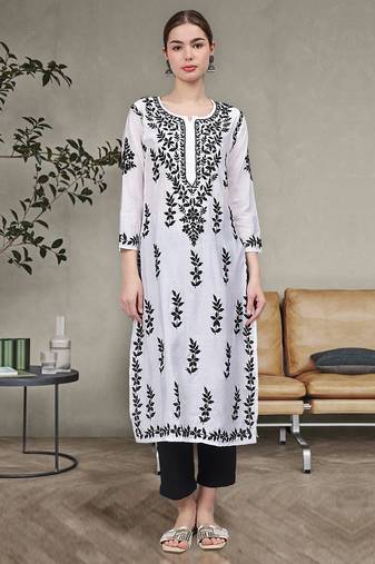 White chanderi lucknowi chikankari kurta
