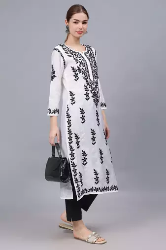 White chanderi lucknowi chikankari kurta