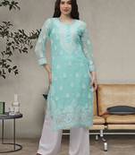 Sea green georgette lucknowi chikankari kurta with slip
