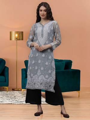 Grey georgette lucknowi chikankari kurta with slip 1
