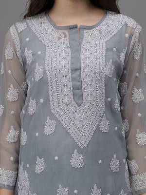 Grey georgette lucknowi chikankari kurta with slip 2