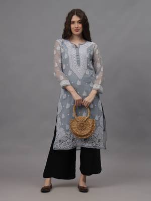Grey georgette lucknowi chikankari kurta with slip 4