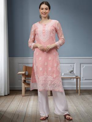 Peach georgette lucknowi chikankari kurta with slip 1