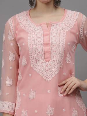 Peach georgette lucknowi chikankari kurta with slip 2