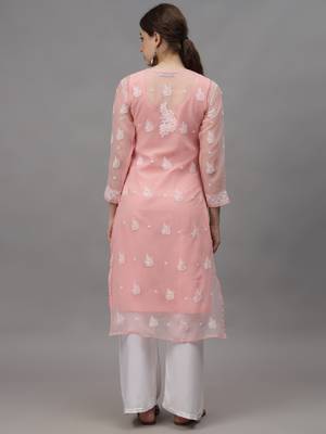 Peach georgette lucknowi chikankari kurta with slip 3