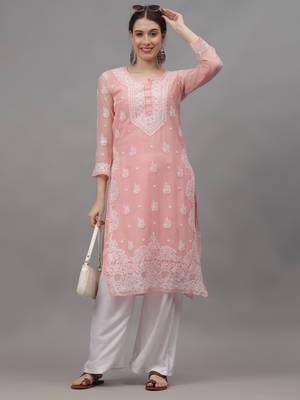 Peach georgette lucknowi chikankari kurta with slip 4