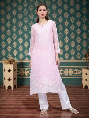 Pink georgette lucknowi chikankari kurta with slip 1