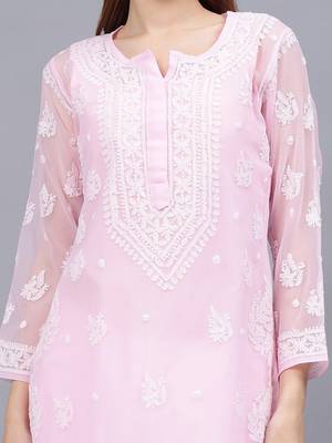 Pink georgette lucknowi chikankari kurta with slip 2