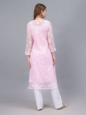 Pink georgette lucknowi chikankari kurta with slip 3