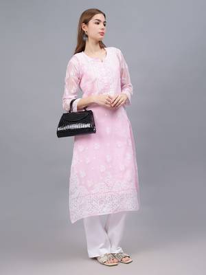 Pink georgette lucknowi chikankari kurta with slip 4