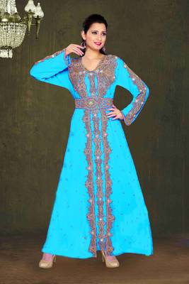 Cyan color Full Sleeves Handmade Moroccan Kaftan 1