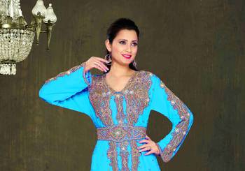 Cyan color Full Sleeves Handmade Moroccan Kaftan 2