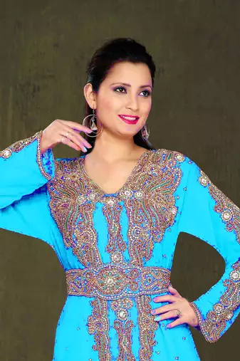 Cyan color Full Sleeves Handmade Moroccan Kaftan