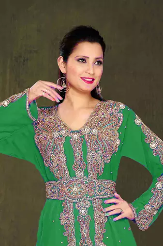 Dark Green color Full Sleeves Handmade Moroccan Kaftan