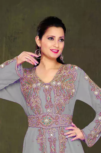 Grey color Full Sleeves Handmade Moroccan Kaftan
