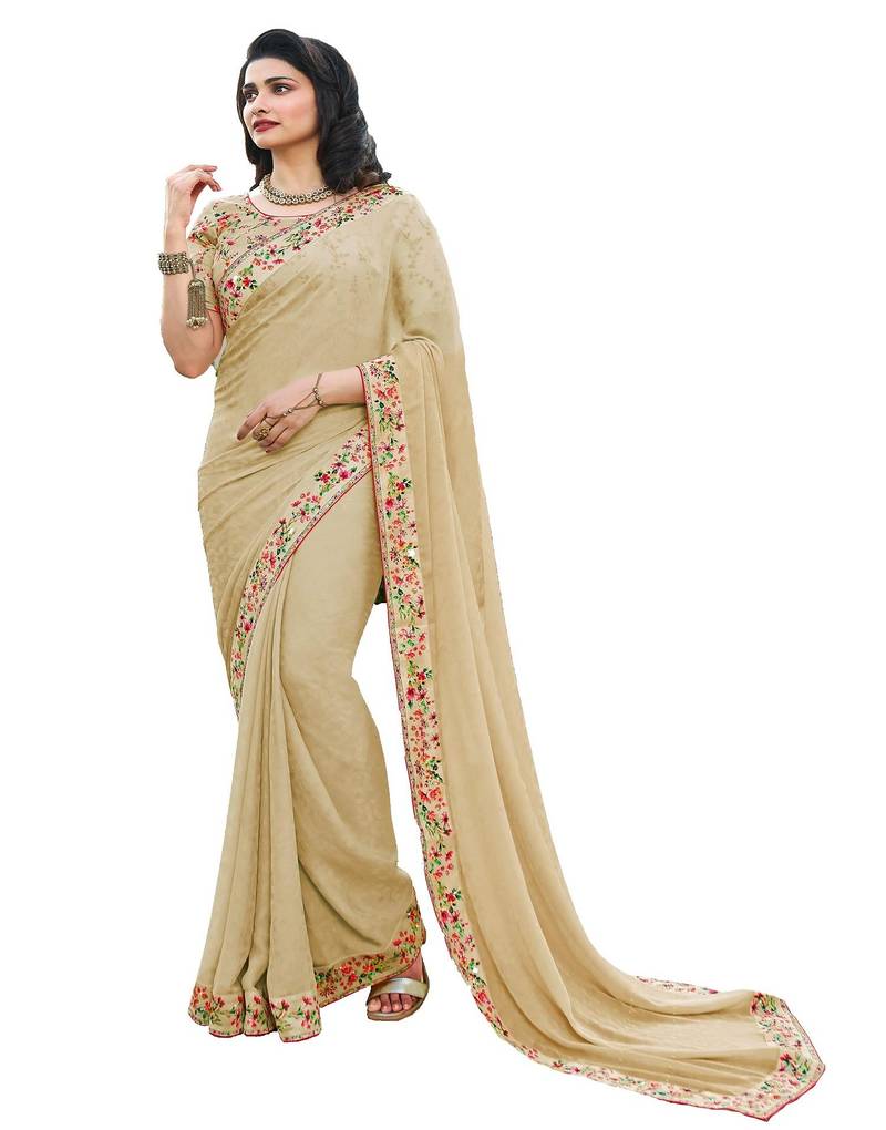 Cream Prachi floral Georgette printed  border saree with Banglory Blouse