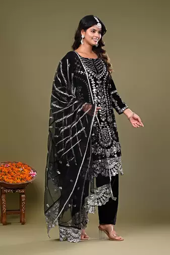 Black Velvet Kurta Set with Heavy Embroidery and Sequins