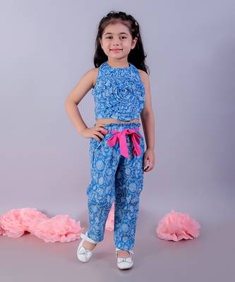 Jaipur girls blue printed top with printed pant co-ordinate set 1
